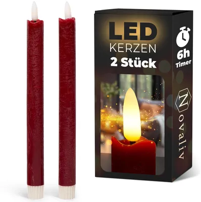 Produktbild von Stabkerzen LED mit Timer Rot 2er indoor mit 6 Stunden Timer - ECHTWACHS 24cm Höhe für Kerzen 2,2cm Durchmesser 2 AAA Batterien notwendig LED Stabkerzen flackernde Flamme bewegliche Flamme
