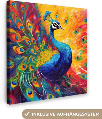 Obrázek produktu pro OneMillionCanvasses® - Obraz na plátně - Páv - Umění - Malba - Páví peří, nástěnná malba, nástěnné dekorace obrazy obývací pokoj, 90x90cm