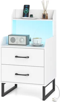 A white nightstand with two drawers and an open shelf, featuring LED lighting and a wireless charging station on top.