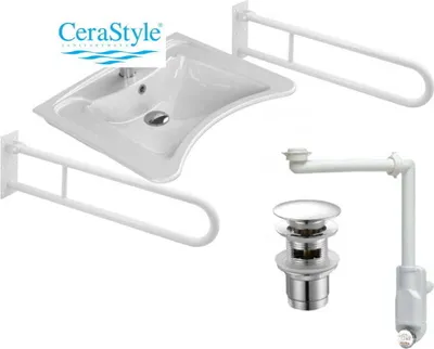 Immagine prodotto di Lavabo per disabili 60x50 cm CeraStyle - 2x maniglione fisso 60 cm bianco - sifone - tappo di scarico