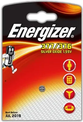 Zdjęcie produktu dla Energizer 377/376, Jednorazowa bateria, Srebrny-Oksydowany, 1,55 V, 1 szt., Hg (rtęć), Metaliczny