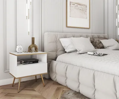 Produktbild von Modern Nachttisch Glow Glamour Nachtkonsole mit Schublade Nachttisch im glamour Stil Nachttischschrank mit goldenen Zusätzen, Farbe: Weiß, Gold