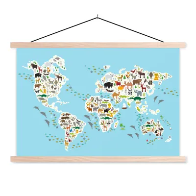 Obrázek produktu pro MuchoWow® Textilní plakát - Mapa světa - Děti - Zvířata - Modrá - Chlapci - Dívky - 60x40cm - S hnědými lamelami