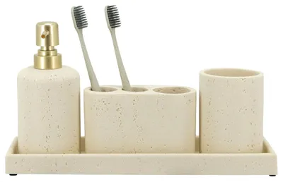 Produktbild von Badezimmer-Set Zubehörset Seifenspender Zahnbürstenhalter Becher - 4-teilig - Beige - Steinoptik - Polyresin