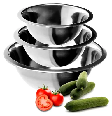 Produktbild von 3-teiliges Schüssel-Set aus Edelstahl - Salatschüsseln in 3 Größen - Rührschüsseln - Edelstahlschüsseln zum Backen, Servieren und Snacken (3 Stück - Ø 18/20/24 cm)