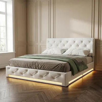 Produktbild von Doppelbett, Polsterbett 160 x 200 cm, LED Hydraulisch Stauraumbett, Funktionsbett mit Stauraum, Bettgestell mit verstellbarem Kopfteil und Lattenrost, Leinen, Beige
