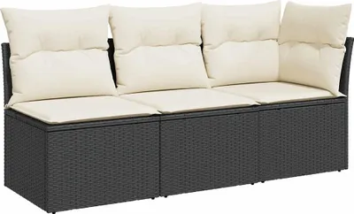 A three-seater outdoor sofa with cream cushions on a white background.