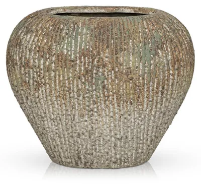 Zdjęcie produktu dla Wazon ceramiczny, płasko rzeźbiony, wysokość 17 cm, idealny do suszonych kwiatów, styl boho, dekoracja