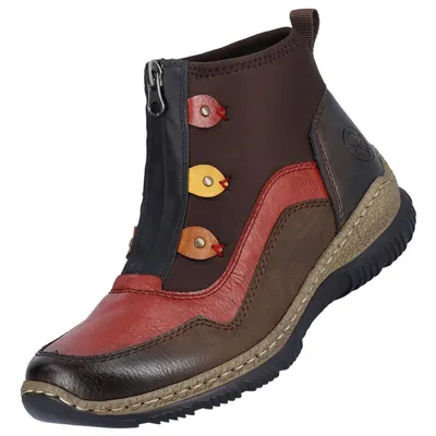 A single brown and red boot with decorative elements.