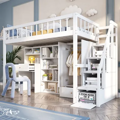 A white loft bed with integrated desk, wardrobe, and shelves, set up in a child's room with decorative clouds on the wall.