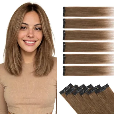 Productafbeelding van Haarverlengingen van echt haar, 6 stuks, balayage highlights, glad, #4 chocoladebruin, 25 cm