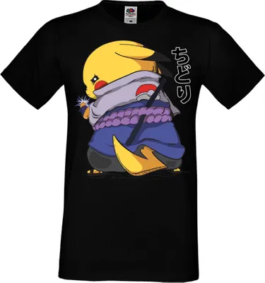 Zdjęcie produktu dla Męska Koszulka Anime Manga Naruto Pikachu Sasuke, Man 3XL / Czarny