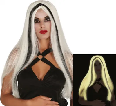 Produktbild von Weiß-schwarze Fluoreszierende Langhaar Perücke für Halloween & Karneval