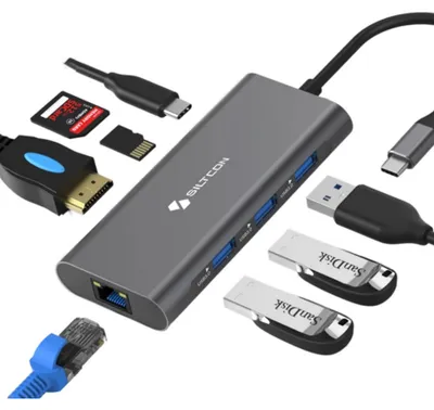 Produktbild von Siltcon® 8-in-1 USB-C Hub Dockingstation – HDMI 4K 30Hz, RJ45, PD 100W, 3x USB 3.0, SD/TF – Spacegrey