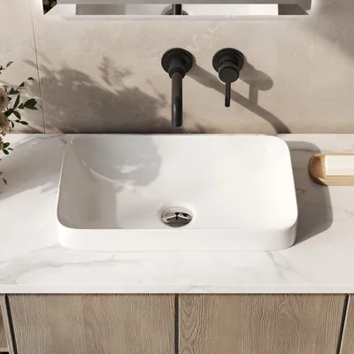 Produktbild von Aufsatzwaschbecken Rechteckig 49x30cm Weiß Keramik – Halbeinbau Waschbecken ohne Hahnloch, 44,5 mm Standardabfluss für Waschtisch & Badezimmer