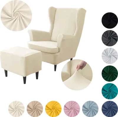 Produktbild von MEBLE ODNOWA, Ohrensesselbezug & Poufbezug, Sesselbezug, Sesselhusse, Samt, Creme-Beige, 1 Set, Velours, elastisch, Sesselbezüge, maschinenwaschbar, Ohrensessel + Pouf