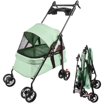 Produktbild von Hundebuggy Hundewagen mit Meshfenster, Klappbar mit 2 Sicherheitsleinen, für kleine Hunde und Katzen,Grün