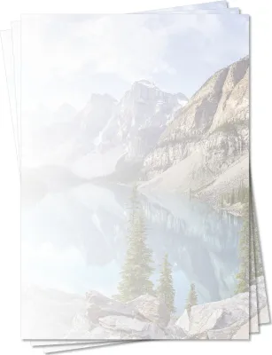 Produktbild von Motivpapier Briefpapier (Berge-5164, DIN A4, 25 Blatt) - Gebirgssee umgeben von gewaltigen Bergen die sich in den blau-weiß umwölkten Himmel recken