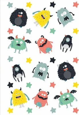A collection of colorful, cartoon-like monsters scattered across a white background with small star shapes.