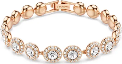 A rose gold bracelet with clear crystals is displayed on a white background.