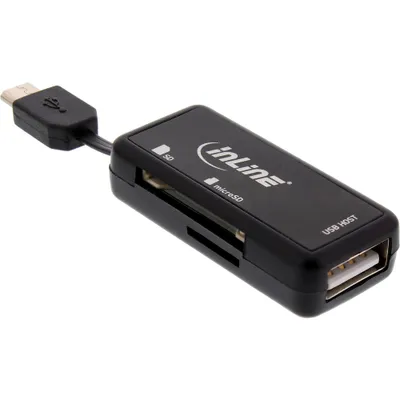 Produktbild von InLine OTG Card Reader Dual Flex, für SD+microSD, mit USB Buchse+2 Kartenslots, MMC, MicroSD (TransFlash), MicroSDHC, SD, SDHC, SDXC, Schwarz, 2 TB, USB 2.0, 16 g, 1 Stück(e)