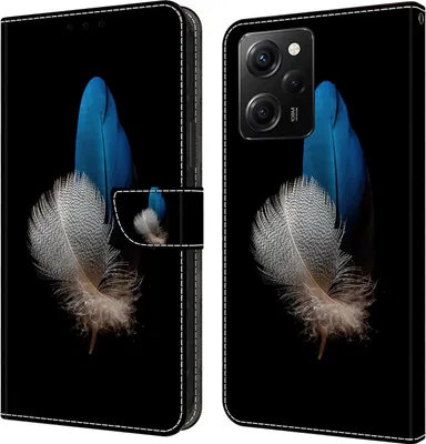 Produktbild von CLM-Tech Hülle kompatibel mit Xiaomi Redmi Note 12 Pro 5G - Tasche aus Kunstleder - Klapphülle mit Ständer und Kartenfächern, schwarz - zwei Federn blau und weiß