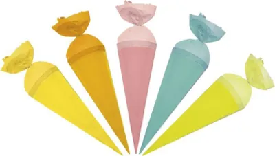 Produktbild von 5er Set Schultüten klein 12 cm verschiedene Farben rund mit Kreppverschluss Deko