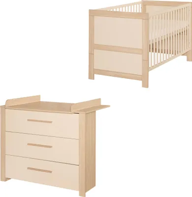 Immagine prodotto di Set di mobili per neonati roba 2 pezzi Momo - Lettino trasformabile 70 x 140 cm + fasciatoio con 3 cassetti - Maniglie in legno massello - Cashmere/rovere Tristan