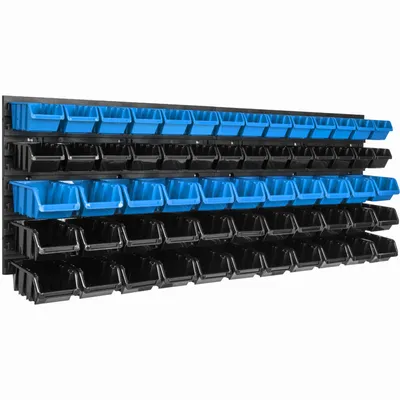 Produktbild von Lagersystem Wandregal 1152 x 390 mm | 61 stck. Box | Stapelboxen Schüttenregal Sichtlagerkästen | Extra Starke Wandplatten | Regal Erweiterbar | Werkstattregal Lagerregal Werkstattwandregal Steckregal
