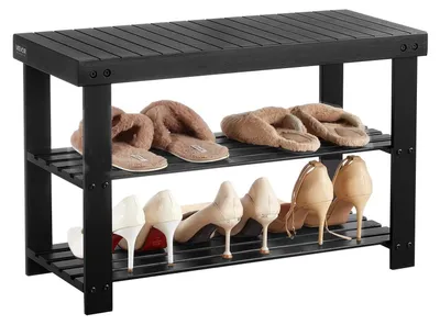 Zdjęcie produktu dla Ławka na buty VEVOR (703 x 288 x 451 mm), ławka wejściowa wykonana z bambusa, 3-poziomowy stojak na buty (nośność 130 kg), do drzwi wejściowych korytarz salon sypialnia czarny