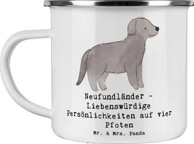 Produktbild von Mr. & Mrs. Panda Emaille Tasse Neufundländer Persönlichkeiten - Weiß - Geschenk, Weggefährten, geduldig, Wasserrettungshund, Haferl, Hunderasse, Pott, sanfter Hunde, Hund