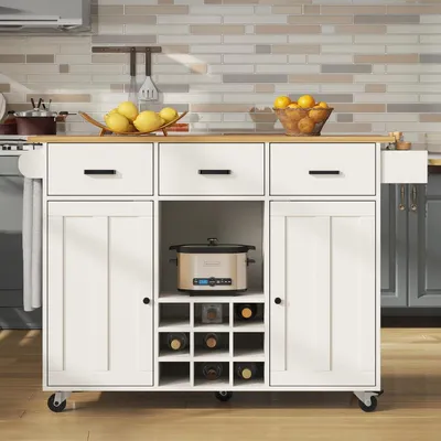 Immagine prodotto di Carrello per cucina con isola, dotato di piano di lavoro ribaltabile, 3 cassetti, 2 ante, ripiano per spezie, colore bianco