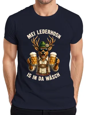 Obrázok produktu pre Mei Lederhosn – pánske tričko s motívom pivárne Hirsch, štýl tradičného nemeckého odevu "Lederhosen", tmavomodrej farby, veľkosť L