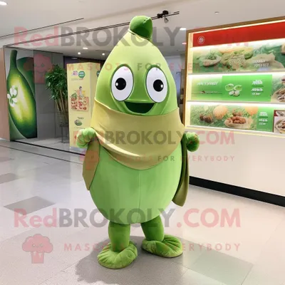 Produktbild von Maskottchen REDBROKOLY Kostümfigur Olivenmelone bekleidet mit einer Kopfbedeckung und Haarnadeln