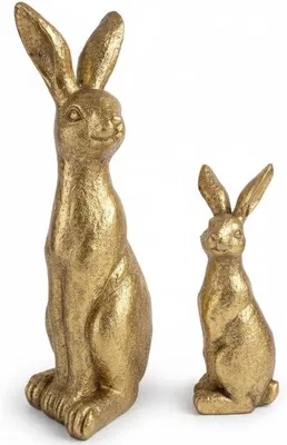 Productafbeelding van Khevga Decoratieve haas - Set van 2 - Goud - Paasdecoratie - Figuren van polyhars - Glanzende hazen - Decoratie - Modern