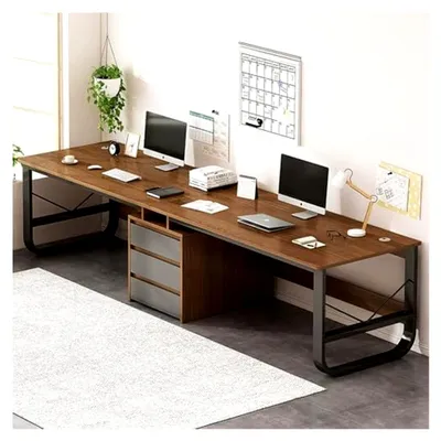 Produktbild von Computertisch für zwei Personen mit Schubladen, 200/240 x 50 cm, Holzschreibtisch für das Homeoffice, moderner Schreibtisch in Braun