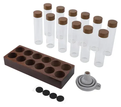 Produktbild von 12 Stück Kaffeebohnen-Aufbewahrungsröhrchen, glasversiegelte Dosiergläser mit Walnuss-Ständertrichter für Tee, Gewürze, Süßigkeiten, 12 hoch