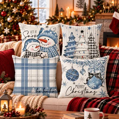Image de Lot de 4 housses de coussin de Noël, 45 x 45 cm, couleurs variées, mélange de lin, pour décoration de canapé ou de chambre