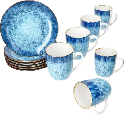 Produktbild von Marina 12tlg Frühstücksset blaue kleine Teller Becher Porzellan 6 Pers maritim