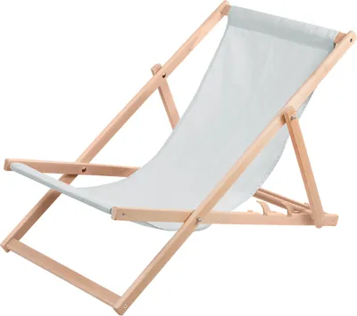 A light gray fabric deck chair with a wooden frame, shown against a white background.