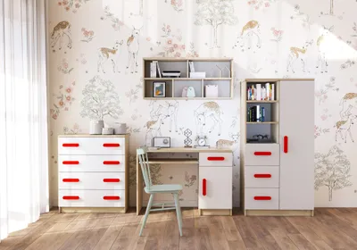 Produktbild von Kinderzimmer-Set Regal Wandregal Kommode Schreibtisch Sonoma/Weiß mit rotten Griffen Jonas I 05