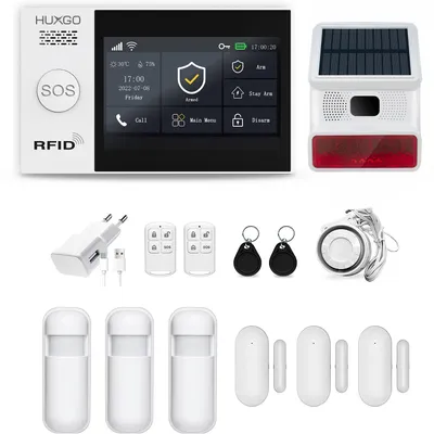 Produktbild von HUXGO HXA007 Funkalarmanlage mit 3 Bewegungsmeldern und zweiter Funksirene Modulen: WLAN + GSM 4G LTE TUYA Smart Anwendung SMS-Benachrichtigungen Steuerung vom Telefon aus Sprache DEUTSCH