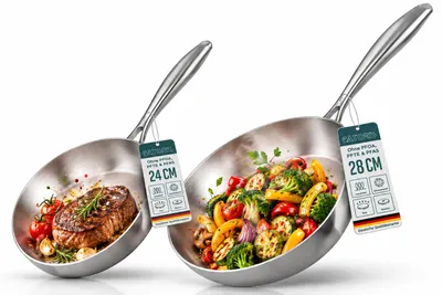 Produktbild von Edelstahlpfanne set Unbeschichtet - Induktion - Profi Bratpfanne 24cm und 28cm - Perfekt als Steakpfanne & Pastapfanne ohne Beschichtung, KI-generiertes Bild