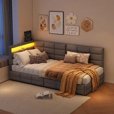 Image de Lit rembourré ProximaX 90 × 200 cm – Tête de lit en L avec éclairage LED et port USB – Tiroir au pied du lit – Lit confortable pour chambre à coucher, gris