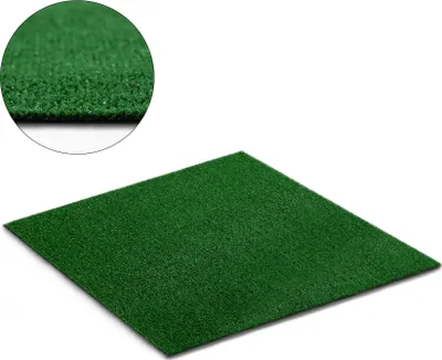 A square piece of artificial grass is shown on a white background, with a close-up inset of the texture.