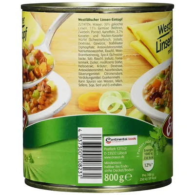 A close-up of a food can, showing the label with ingredients and nutritional information, along with a depiction of the food inside.