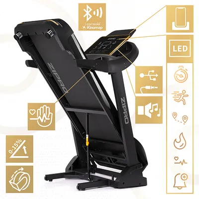 A black Zipro treadmill is shown from a side-angle, with various feature callouts and icons surrounding it.