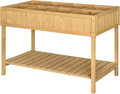 Produktbild von Hochbeet mit 8 Fächern Pflanztisch Pflanzkasten aus Tannenholz Massivholz Wetterfest Gärtnertisch mit Ablage Natur 120 x 60 x 81 cm