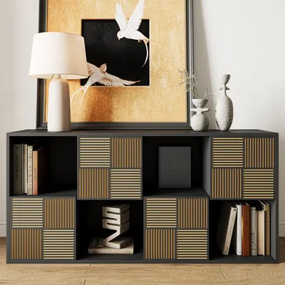Produktbild von Modulares Bücherregal im Holzoptik-Design mit geriffelten Türen, kombinierbar als Hoch- oder Langregal, für Wohnzimmer und Kinderzimmer, schwarz, 60x30x125 cm / 125x30x60 cm