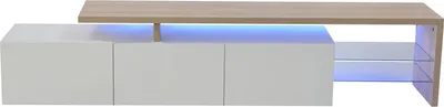 Image de Meuble TV bas moderne - Meuble TV avec éclairage LED - Bois 200 cm - Étagères en verre - Pour téléviseurs de 140 à 165 cm - Blanc